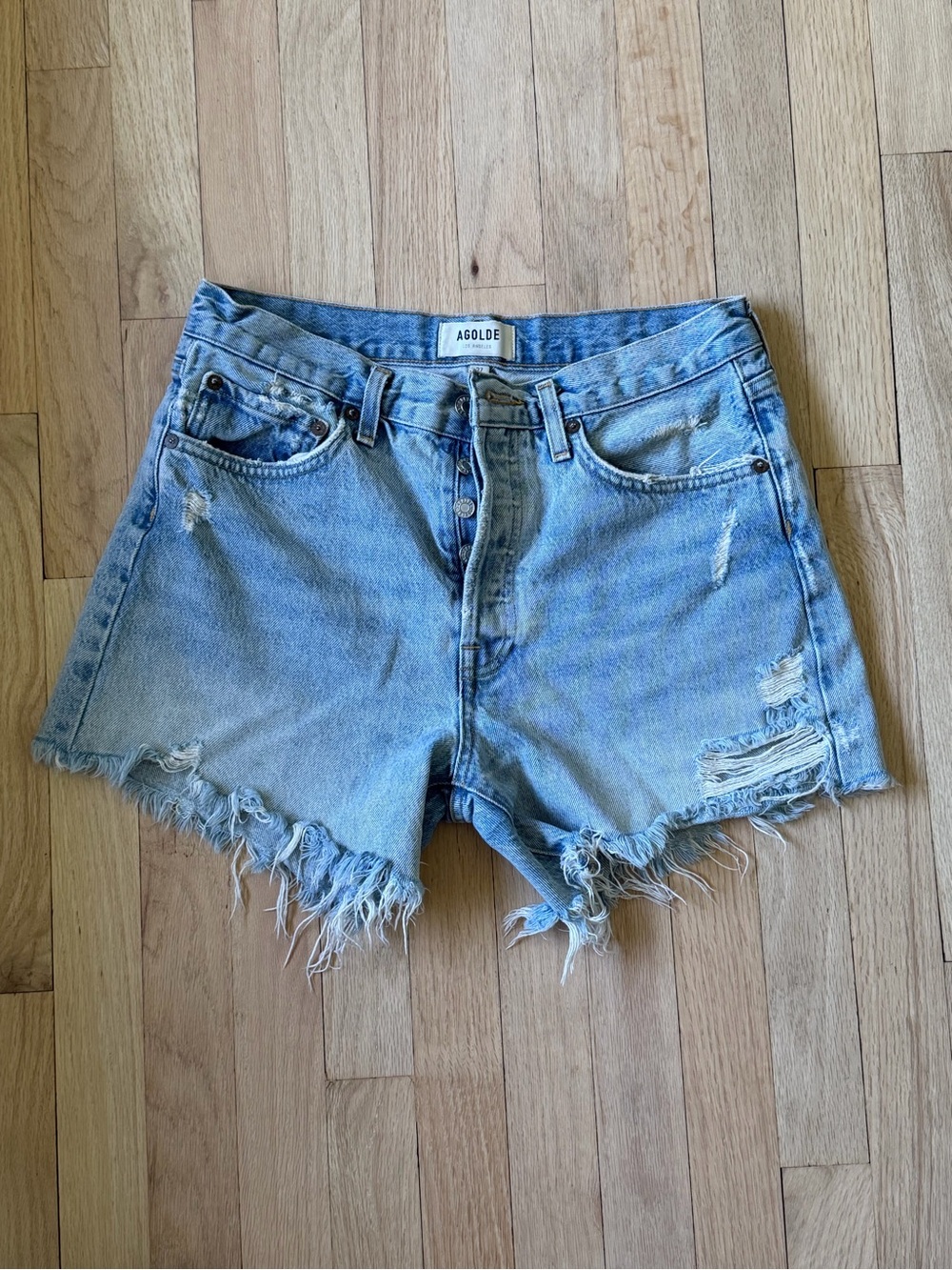 Agolde Light Wash Distressed Denim Cutoff Shorts